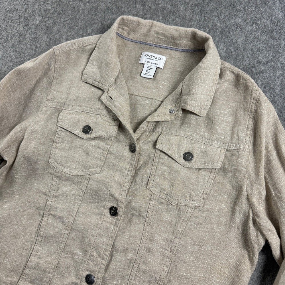 Jones & Co Jones New York Womens Trucker Jacket Medium 100% Linen Beige Oatmeal - Picture 10 of 13